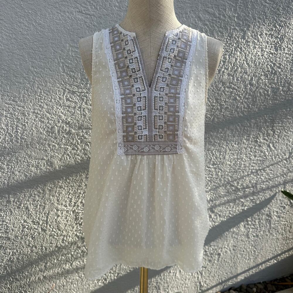 The Anthropologie One September Pasto Swiss Dot Embroidered Beaded Cream Blouse
